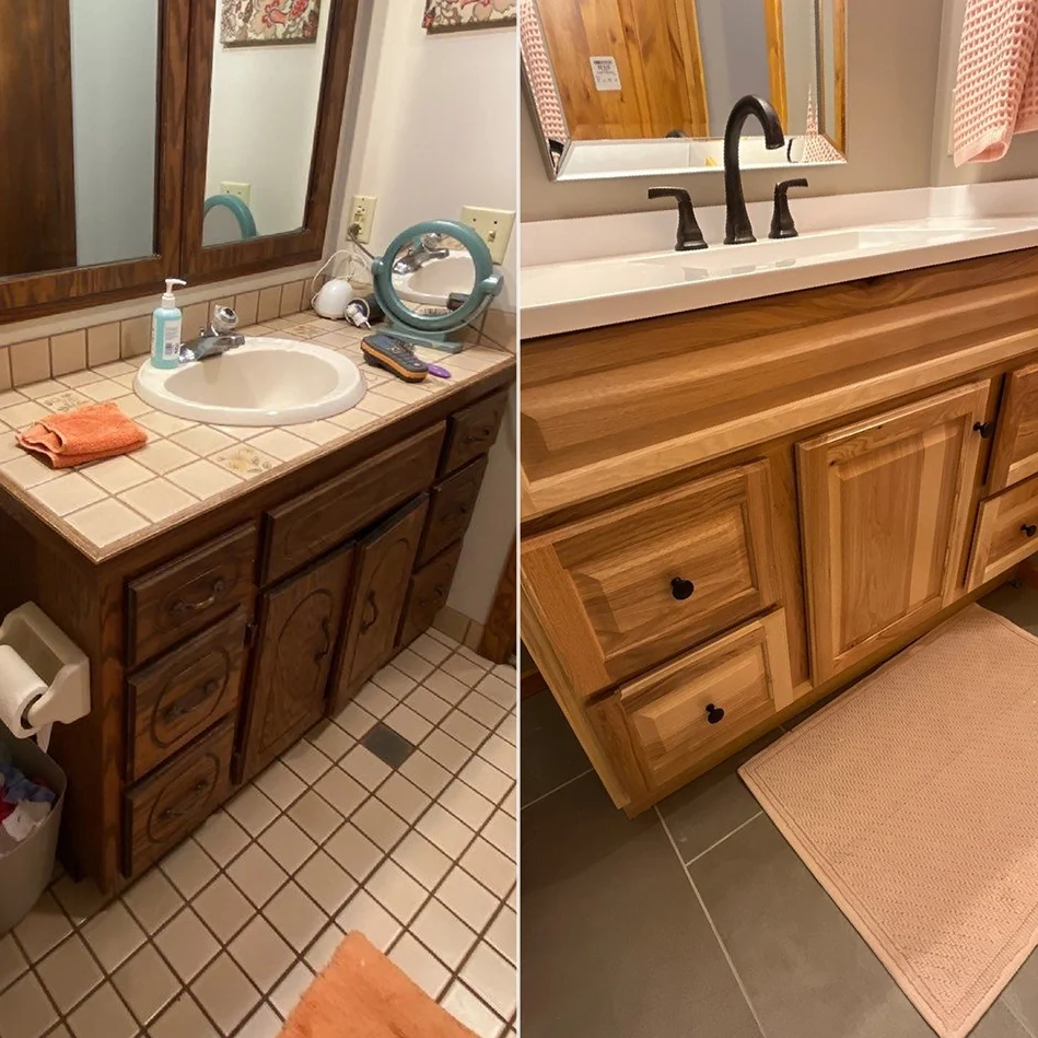 Before and after bathroom remodel after a water loss